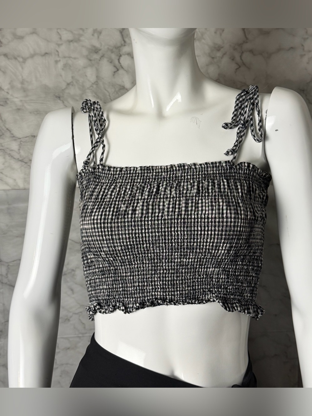 Black White Gingham Smocked Crop Top Tie Strap Y2K Style Coquette Small